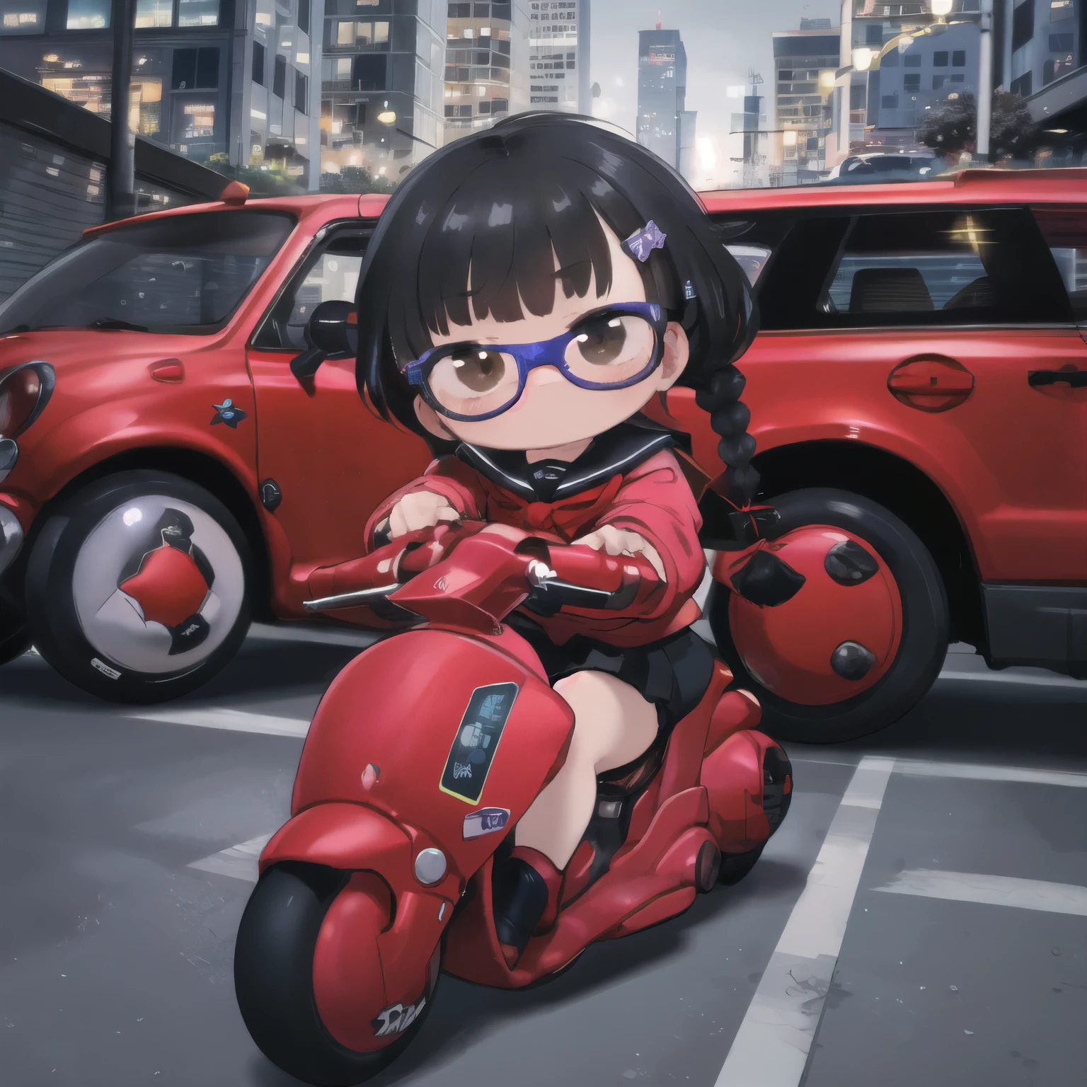 masterpiece,high quality, 1 girl,(serafuku:1.2)，Sitting，Lean back，Put your foot forward, 10-year-old female，Thick eyebrows，Droopy eyes, Baby Face，Round face，Big round eyes，Braiding, Short Pigtails, Blunt bangs，Black Hair，Glasses，Brown eyes，Very short stature，Very thin limbs，Sailor suit，mini skirt，kanedabike，Very small scooter，SF，cyber punk，Very low seat，SF，cyber punk,Low vehicle height,One step ahead,