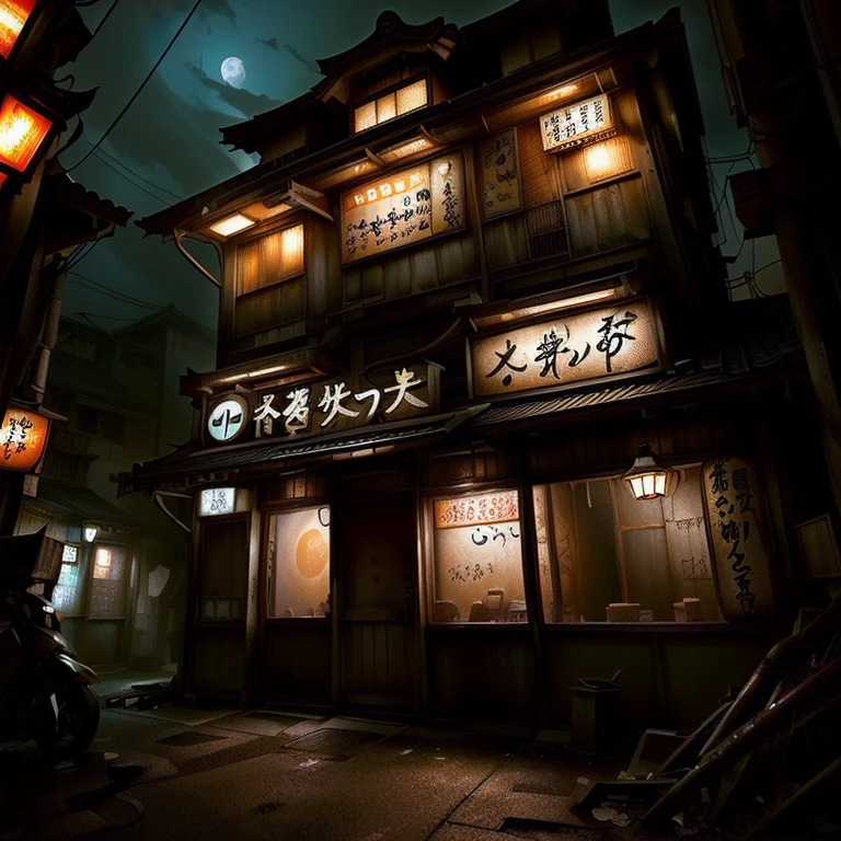 夜の場末の身や街にひっそりとある日本のアダルトshopの明るく照らされた看板, Old Japanese shabby shop, Shady Night Realism, Some have signboards, Shadyness, Spooky Nighttime,  tokyo, inspired by Shunbaisai Hokuei, A photo of a Japanese back alley in the 1970s, Akihabara Cafe in Japan, 「Adult Toys」shop, 