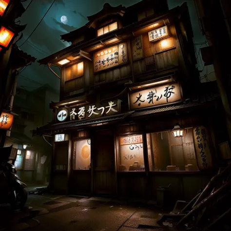 夜の場末の身や街にひっそりとある日本のアダルトshopの明るく照らされた看板, Old Japanese shabby shop, Shady Night Realism, Some have signboards, Shadyness, Spooky N...