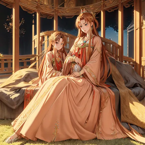 ((highest quality)), ((masterpiece)), (detailed), Perfect Face、Yuuki Asuna、Brown Hair、Hanfu、((Holding a baby with a man))、((Brea...