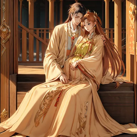 ((highest quality)), ((masterpiece)), (detailed), Perfect Face、Yuuki Asuna、Brown Hair、Hanfu、((Holding a baby with a man))、((Brea...