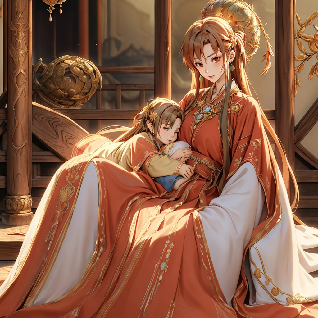 ((highest quality)), ((masterpiece)), (detailed), Perfect Face、Yuuki Asuna、Brown Hair、Hanfu、((Holding a baby with a man))、((Breastfeeding))、Gorgeous embroidery、cuddling with a man、(A man and a woman sit side by side on a large, luxurious throne in a palace)、Gorgeous Phoenix Crown、The woman is wearing a gorgeous court costume.、Woman has a happy face、Gorgeous hair ornament、Earrings、necklace、Bracelet、Luxury accessories、The woman is the empress、The man is the prince、Man hugs woman、Family photo、5-year-old daughter