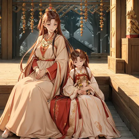 ((highest quality)), ((masterpiece)), (detailed), Perfect Face、Yuuki Asuna、Brown Hair、Hanfu、((Holding a baby with a man))、((Brea...