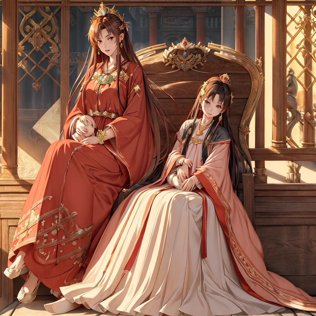 ((highest quality)), ((masterpiece)), (detailed), Perfect Face、Yuuki Asuna、Brown Hair、Hanfu、((Holding a baby with a man))、((Breastfeeding))、Gorgeous embroidery、cuddling with a man、(A man and a woman sit side by side on a large, luxurious throne in a palace)、Gorgeous Phoenix Crown、The woman is wearing a gorgeous court costume.、Woman has a happy face、Gorgeous hair ornament、Earrings、necklace、Bracelet、Luxury accessories、The woman is the empress、The man is the prince、Man hugs woman、Family photo、5-year-old daughter、3 year old son