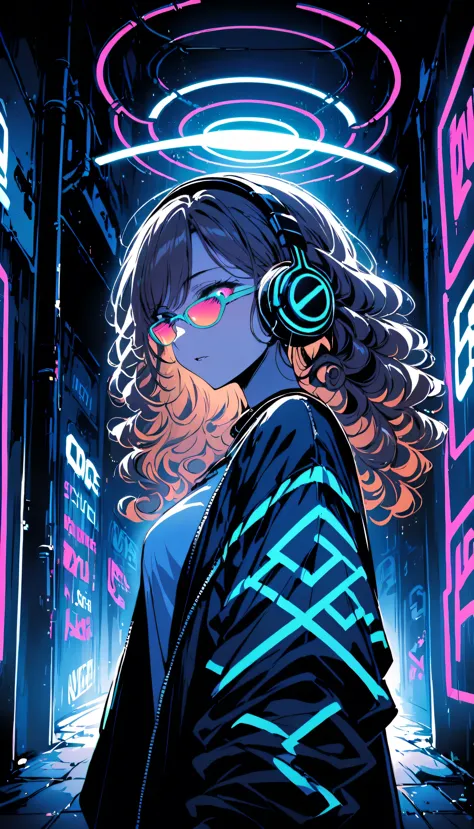 Brown Hair 、Beautiful woman with curly hair and sunglasses、Wearing full-sized headphones、Neon glow of neon cyberpunk coordinator...