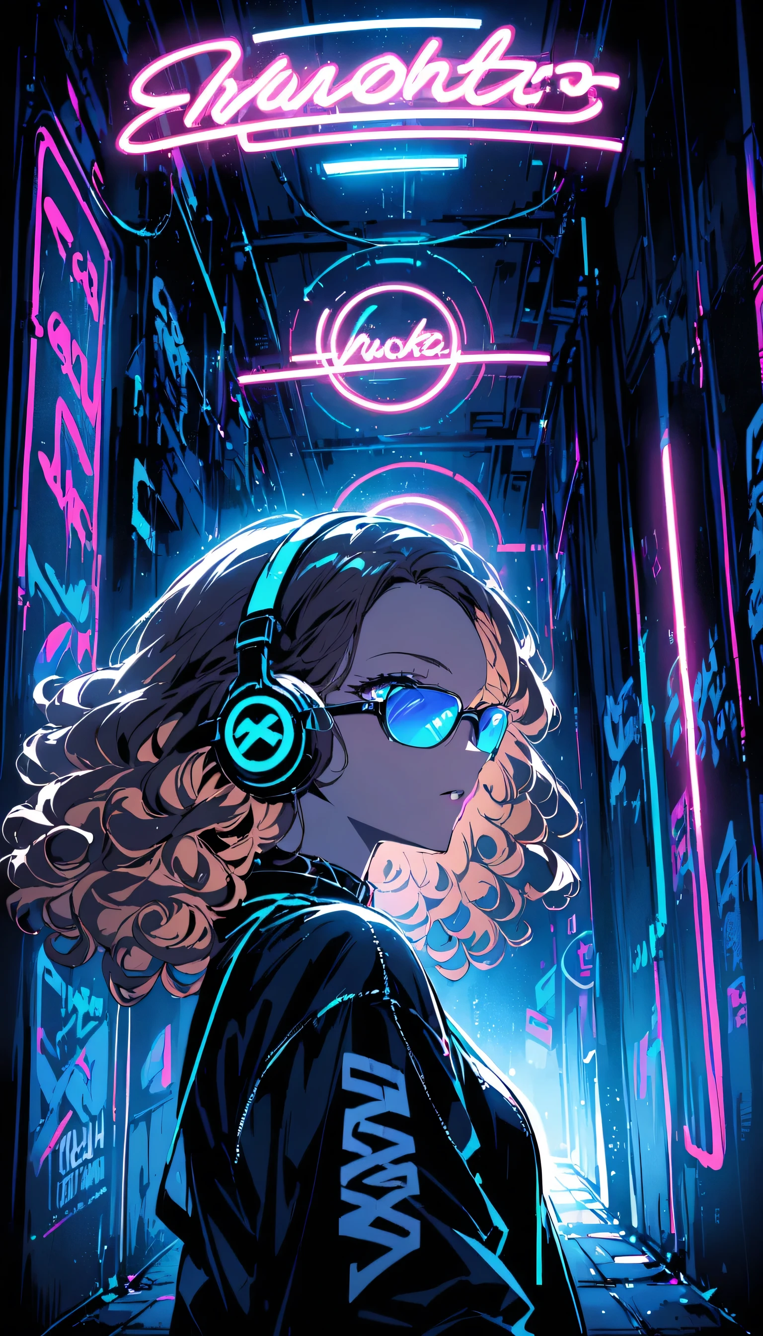 Pelo castaño 、Hermosa mujer con pelo rizado y gafas de sol、Usar auriculares de tamaño completo、Resplandor de neón del coordinador de neón cyberpunk por la noche en una habitación oscura。iluminación dramática、alto contraste、moda callejera、pintada、Luz de neón、 