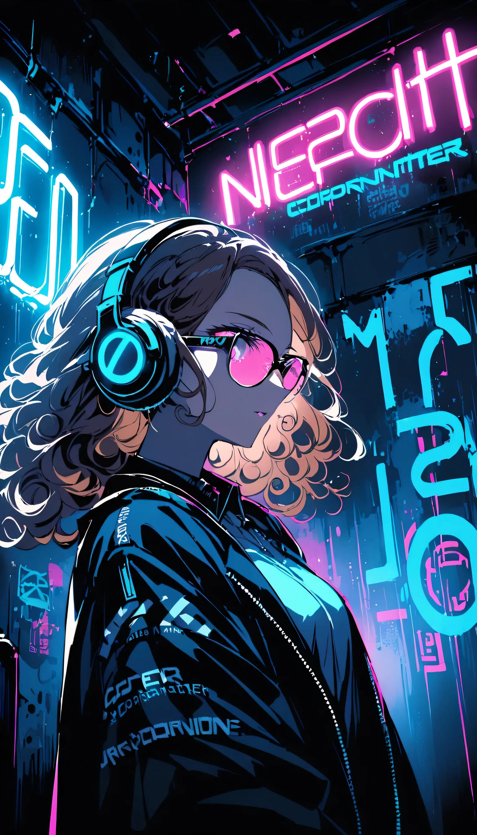 Pelo castaño 、Hermosa mujer con pelo rizado y gafas de sol、Usar auriculares de tamaño completo、Resplandor de neón del coordinador de neón cyberpunk por la noche en una habitación oscura。iluminación dramática、alto contraste、moda callejera、pintada、Luz de neón、 