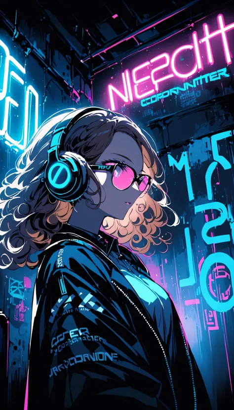 Brown Hair 、Beautiful woman with curly hair and sunglasses、Wearing full-sized headphones、Neon glow of neon cyberpunk coordinator...