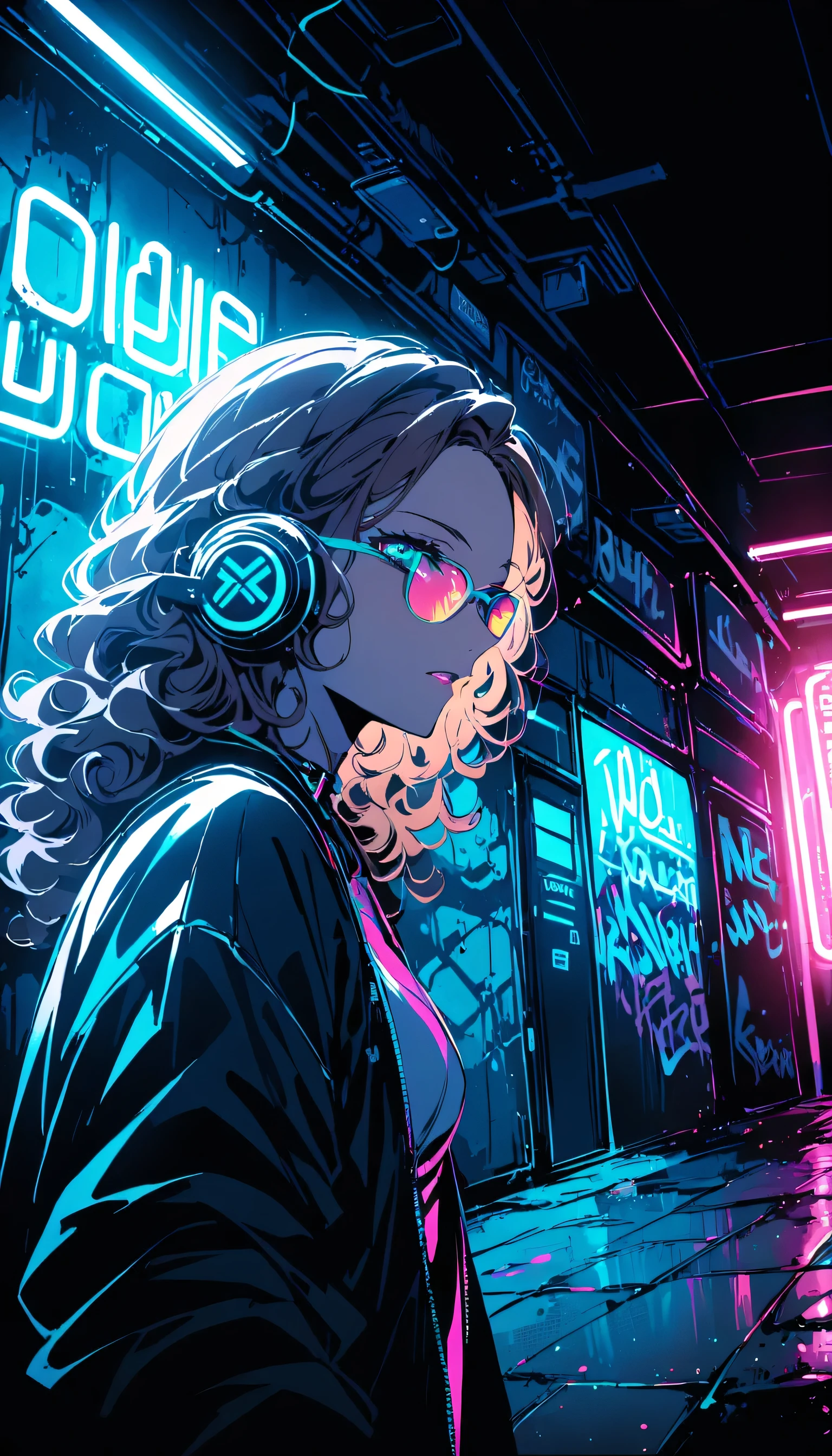 Brown Hair 、Beautiful woman with curly hair and sunglasses、Wearing full-sized headphones、Neon glow of neon cyberpunk coordinator at night in a dark room。Dramatic lighting、High Contrast、Street fashion、graffiti、Neon Light、 