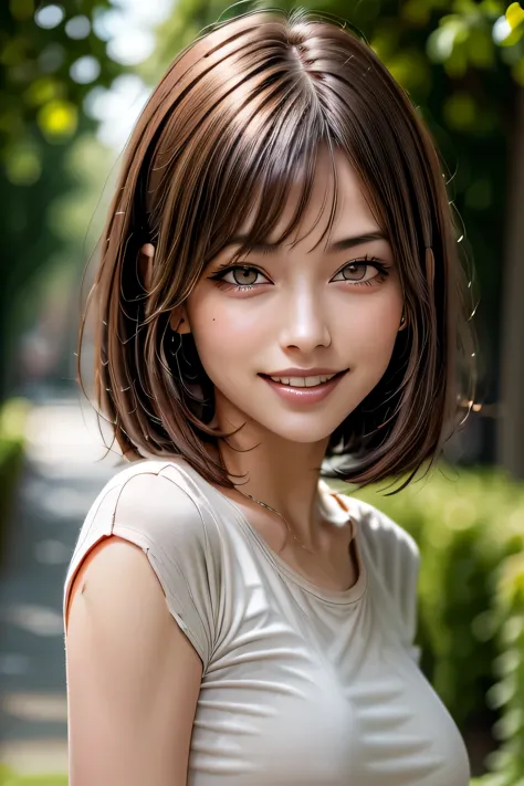 (8k, RAW Photos, highest quality, masterpiece, Realistic, Realistic), (1 female), (Ultimate beauty), Highly detailed face, (Perfect Teeth), Beautiful Eyes, double eyelid, eyelash, smile, Lip details, Brunette Bob, The light shines on your face, Big Breasts...