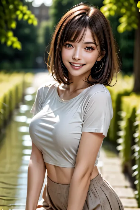 (8k, RAW Photos, highest quality, masterpiece, Realistic, Realistic), (1 female), (Ultimate beauty), Highly detailed face, (Perfect Teeth), Beautiful Eyes, double eyelid, eyelash, smile, Lip details, Brunette Bob, The light shines on your face, Big Breasts...