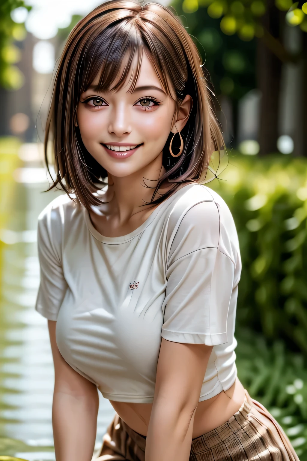 (8k, RAW Photos, highest quality, masterpiece, Realistic, Realistic), (1 female), (Ultimate beauty), Highly detailed face, (Perfect Teeth), Beautiful Eyes, double eyelid, eyelash, smile, Lip details, Brunette Bob, The light shines on your face, Big Breasts, ((T-Shirts)), (Tight mini skirt), (background: underground), ((Written boundary depth))