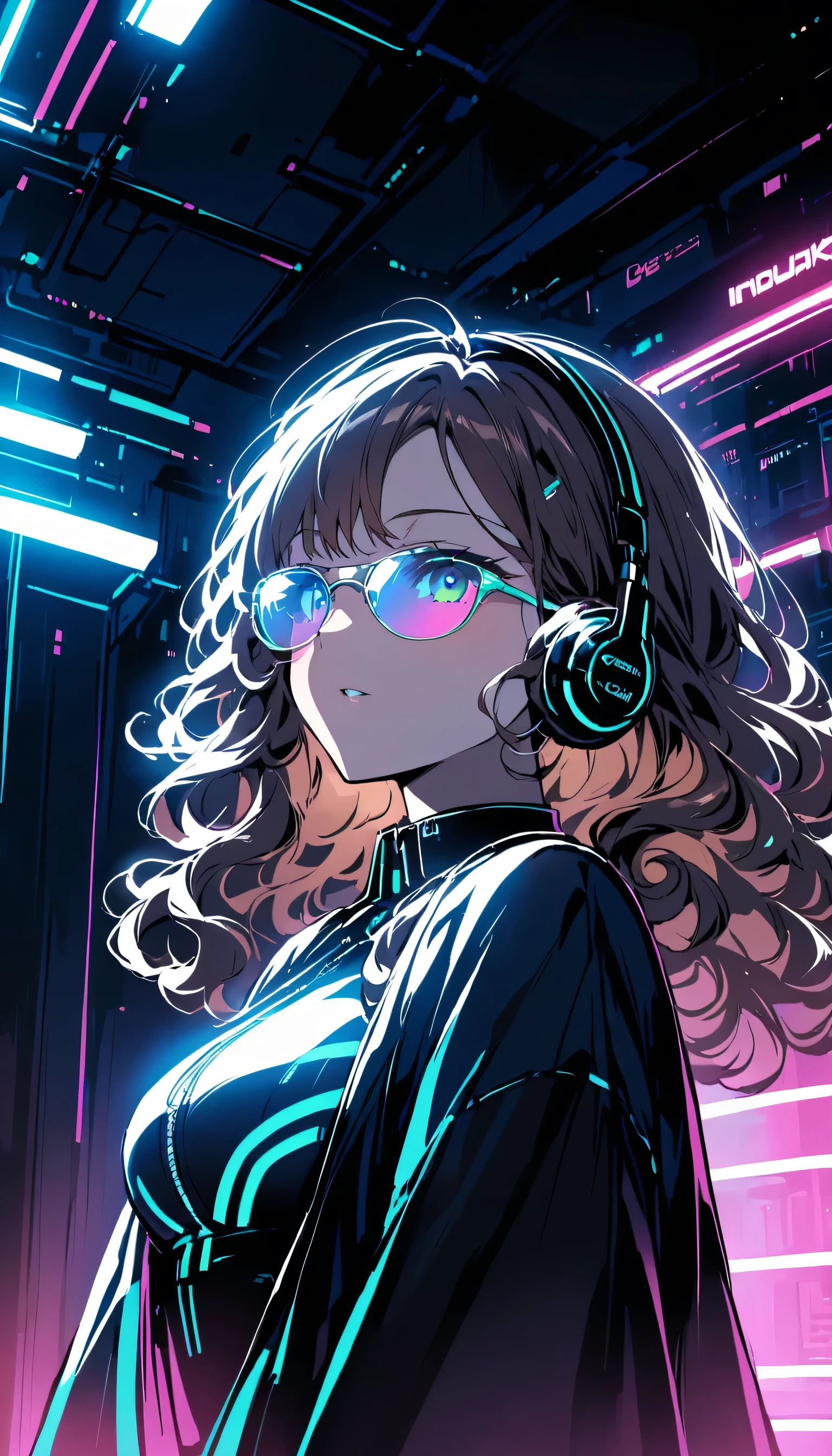 Pelo castaño . Hermosa mujer con pelo rizado y gafas de sol、Usar auriculares de tamaño completo、Resplandor de neón del coordinador de neón cyberpunk por la noche en una habitación oscura。