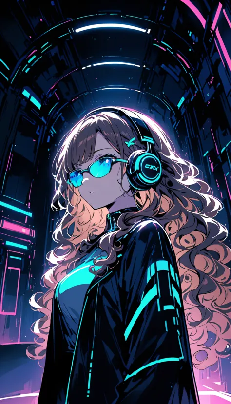 Brown Hair . Beautiful woman with curly hair and sunglasses、Wearing full-sized headphones、Neon glow of neon cyberpunk coordinato...