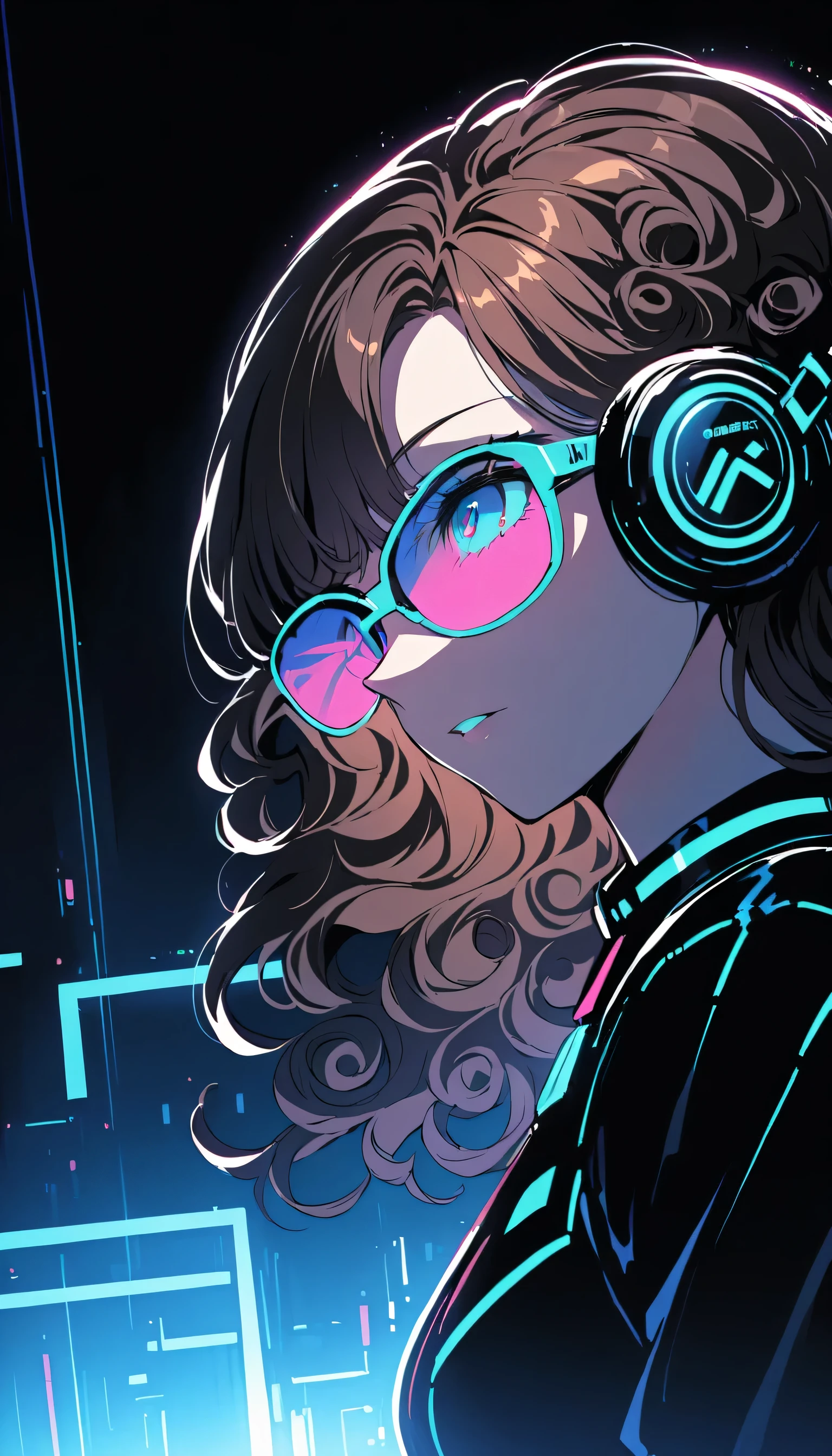 Brown Hair . Beautiful woman with curly hair and sunglasses、Wearing full-sized headphones、Neon glow of neon cyberpunk coordinator at night in a dark room。