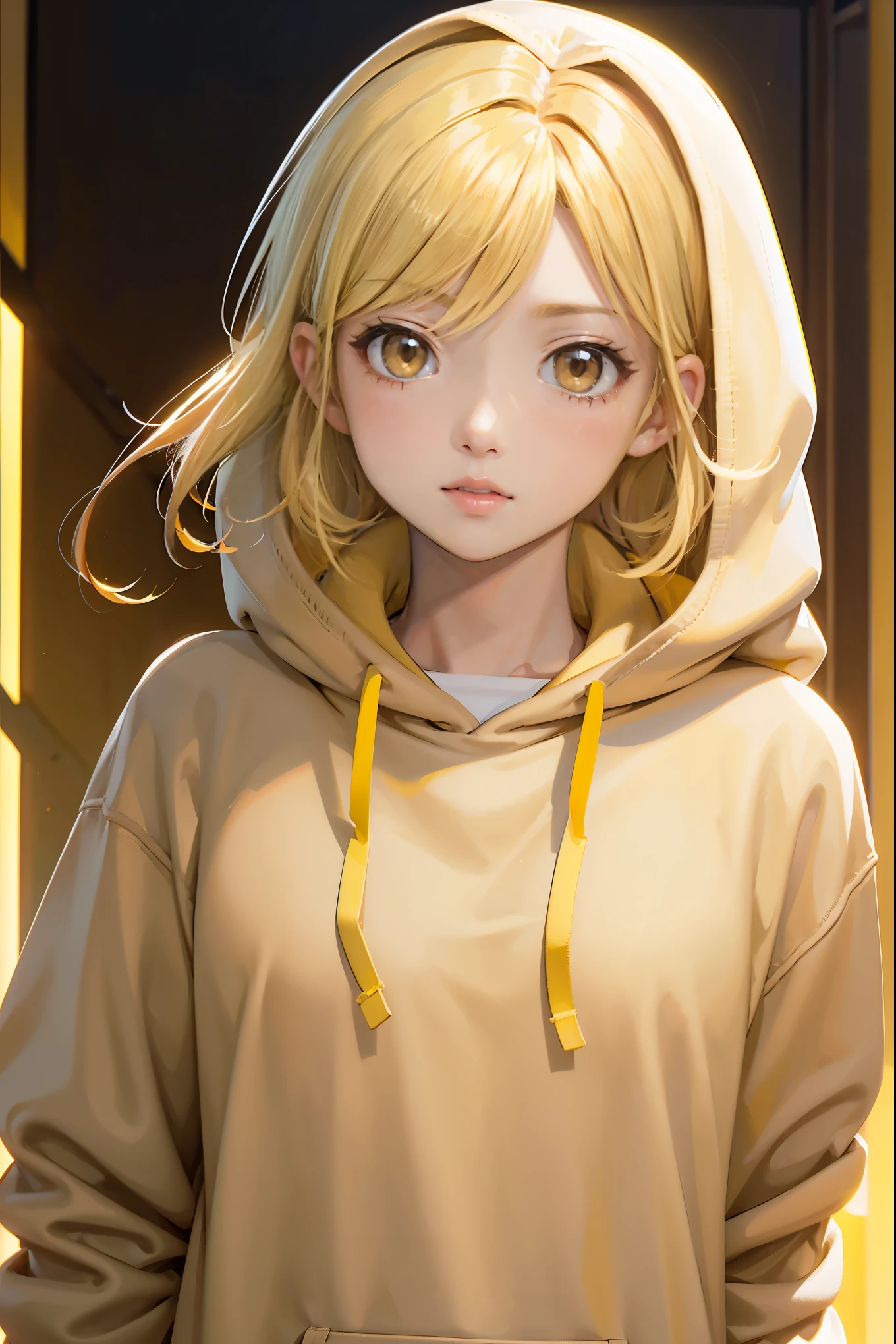 Face focuasterpiece，highest quality，1 girl，alone，Perfect Face，Beautiful Face，Bright Face，Highly detailed face，(Primrose yellow hair:1.3)，(Brown eyes:1.3)，White hoodie，Are standing，Cinematic composition，Best lighting，look up