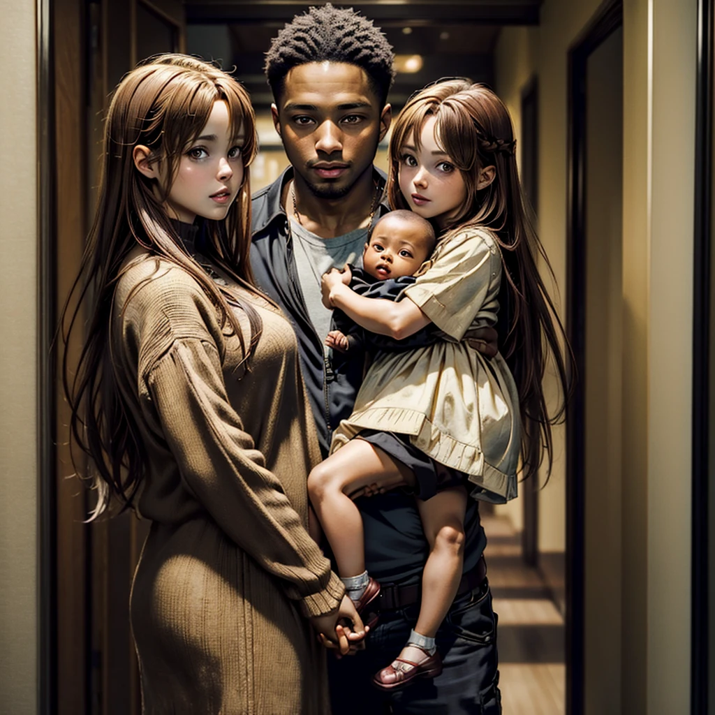 ((highest quality)), ((masterpiece)), Perfect Face、((Yuuki Asuna))、Brown Hair、((A woman holds a black baby))、Black man and woman standing close together、Black man fondling woman&#39;s breasts、Woman pregnant with black boy、（Breastfeeding）、Black men have dark skin and strong bodies