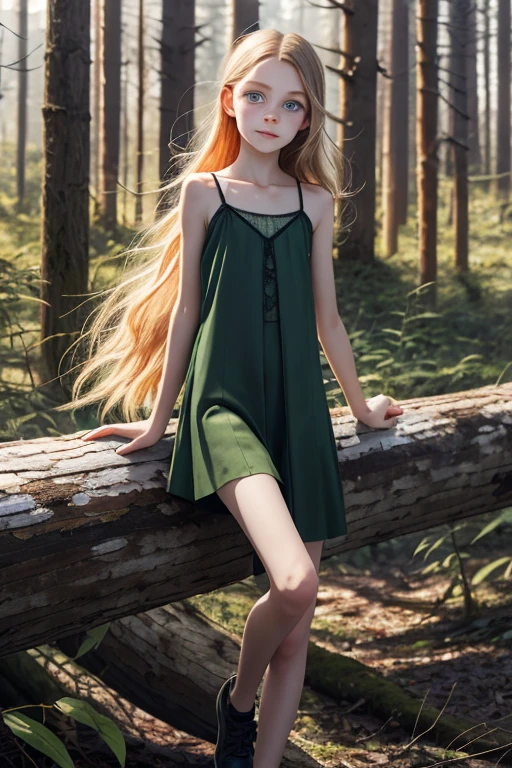 (pfoto 逼真) 一位 11 岁俄罗斯女孩的写实肖像, 独自的,
美丽的女孩, 闪亮的绿眼睛, 完美的眼睛,
苗条, 平胸,  脸上和肩膀上有很多雀斑, 浅橙色听到, 小骨盆, 腿又长又细, 很长的头发, 儿童身体, 不好, 没有衬衫, (乳头), 全身可见,
坐在黑暗恐怖的森林里黑树成荫的木头上,
狐狸伙伴
