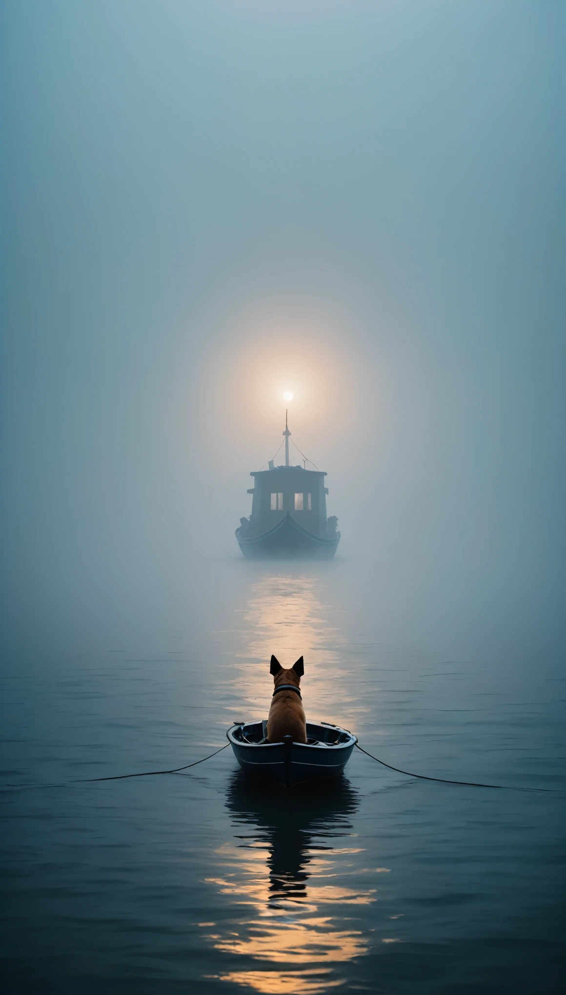 笼罩在浓雾笼罩的广阔海洋上，船上的小狗，费利西亚·西米恩和吉卜力工作室风格的极简主义摄影来到冒险，极简主义，美术，影院灯光，负空间，黑暗艺术，超现实主义