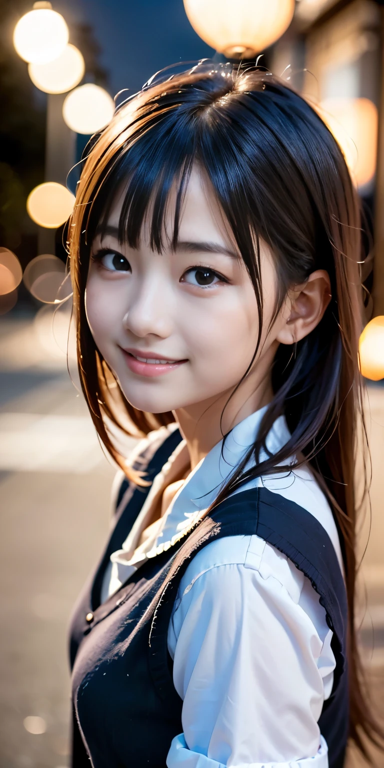 One incredibly cute girl,Super cute 16 year old girl、White skin、Wearing a sailor uniform、 Tokyo Street,night, Streetscape,City lights,Upper Body,close,smile,, (8k, RAW Photos, highest quality, masterpiece:1.2),(Realistic, photo-Realistic:1.37),