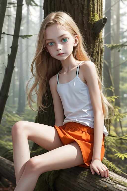 (pfoto 逼真) 一位 11 岁俄罗斯女孩的写实肖像, 独自的,
美丽的女孩, 闪亮的绿眼睛, 完美的眼睛,
苗条, 平胸,  脸上和肩膀上有很多雀斑, 浅橙色听到, 小骨盆, 腿又长又细, 很长的头发, 儿童身体, 不好, 没有衬衫, (乳头), 全身可见, 可见的巴利,
坐在黑暗恐怖的森林里黑树成荫的木头上,
狐狸伙伴