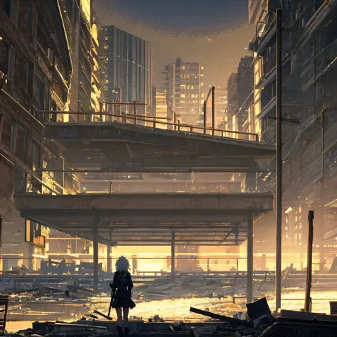 [girl-in-swimsuit-walking], [towards-the-dark-and-destroyed-city], [with-light-touch-of-lighting], [anime-style-landscape], [dec...