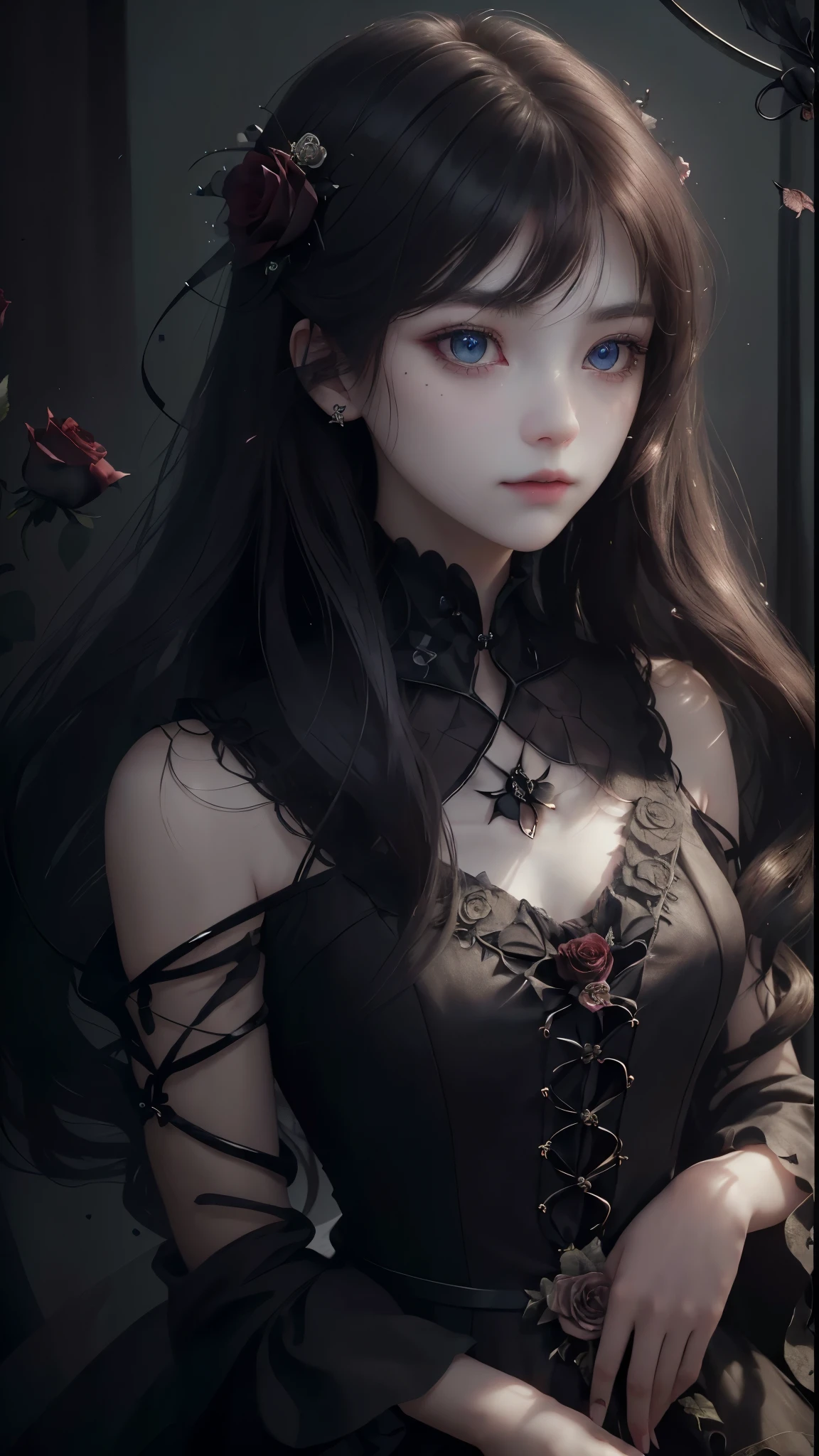 A teenage girl，Wilted roses，Gothic，whaite hair，Hyper-Resolution，accuracy，detail render，（Delicate facial portrayal）（Fine hair portrayal）（highest  quality）（Master masterpieces）（High degree of completion）（a sense of atmosphere）tmasterpiece，ultra - detailed（half-body portrait）