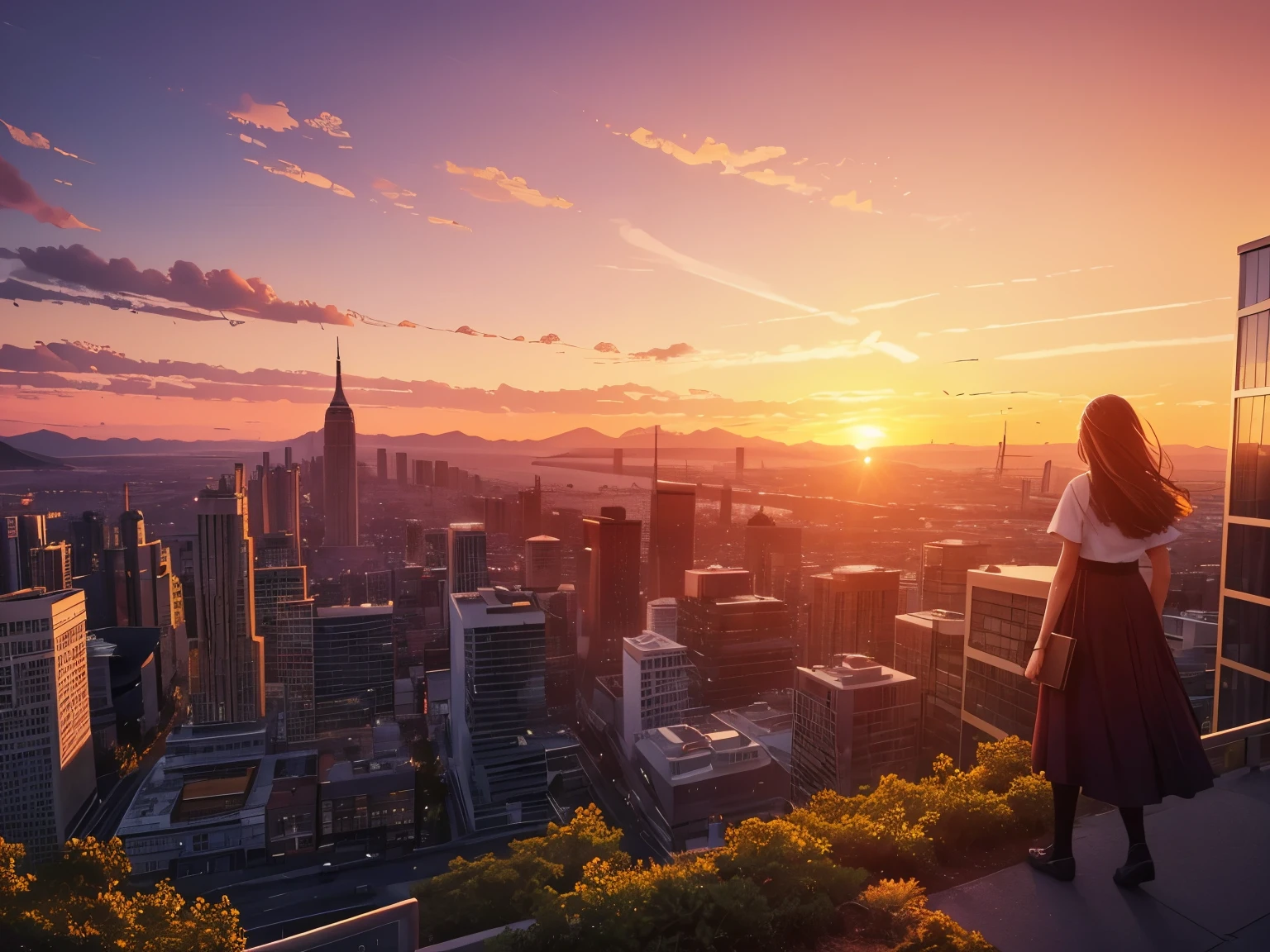 (((sunset))), one girl, flat color, Golden ratio, {masterpiece:1.5}, beautiful sunset cityscape, Scottish landscape, office towers, forest, mountains, ocean, bridges, leaves, city lights, sidescroller, The picture fills the canvas, {flowing:1.2}, dynamic angle