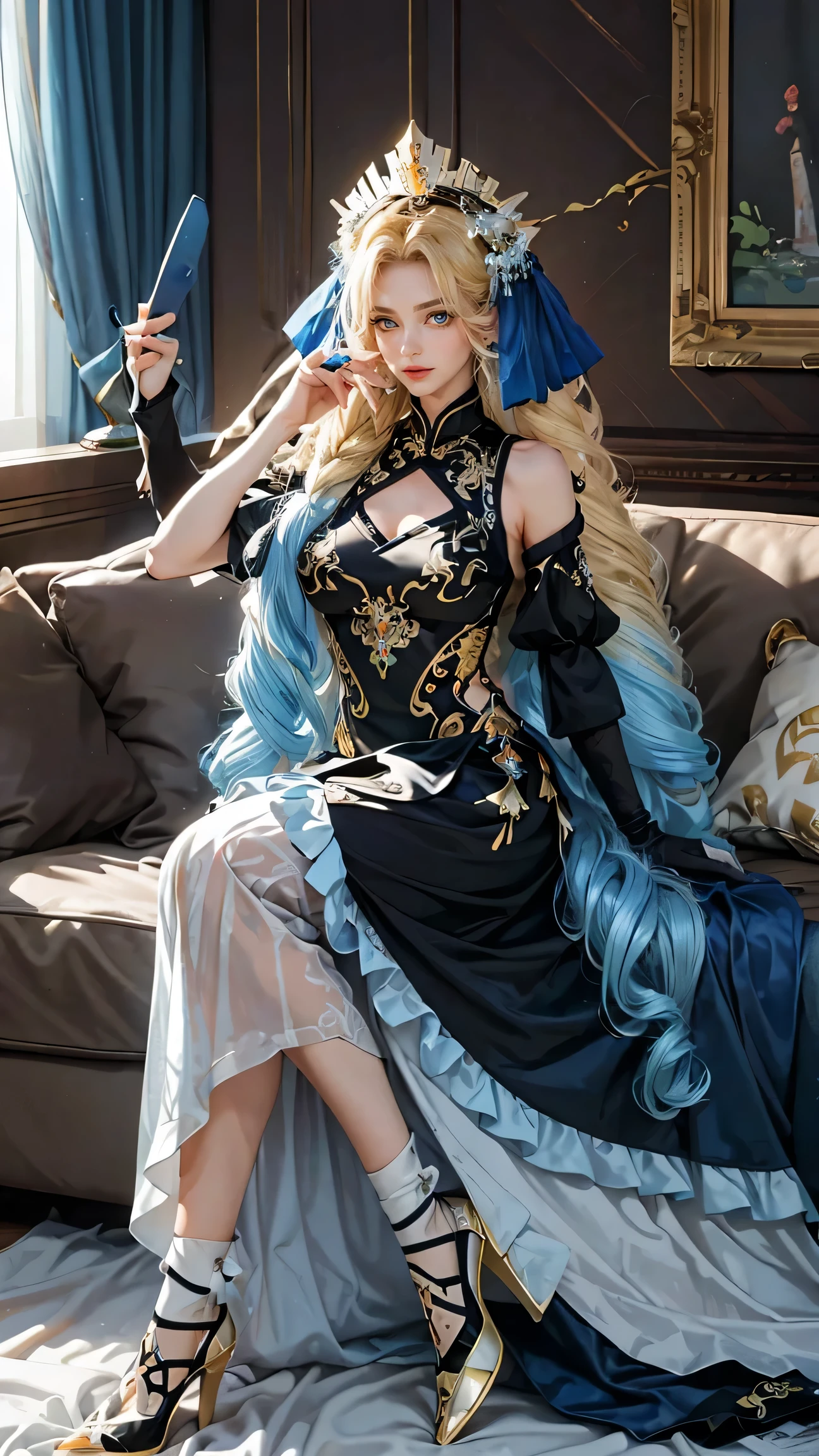 Best quality, masterpiece, ultra high res, raw photo, beautiful and aesthetic,deep shadow, dark theme,(ultra detailed:1.3),
1girl, dress with frills, gloves, stockings, sitting on sofa, Headdress, hair ornament, full of curtain, drill hair, long hair, blonde hair, gradient hair, yellow eyes, solo, huge breasts, G-cup, big hair, blue hair, tiara, divine goddess, looking at viewer, royal palace, indoors, bedroom, astraea, full body, chinese clothes, dress,hair ornament, 