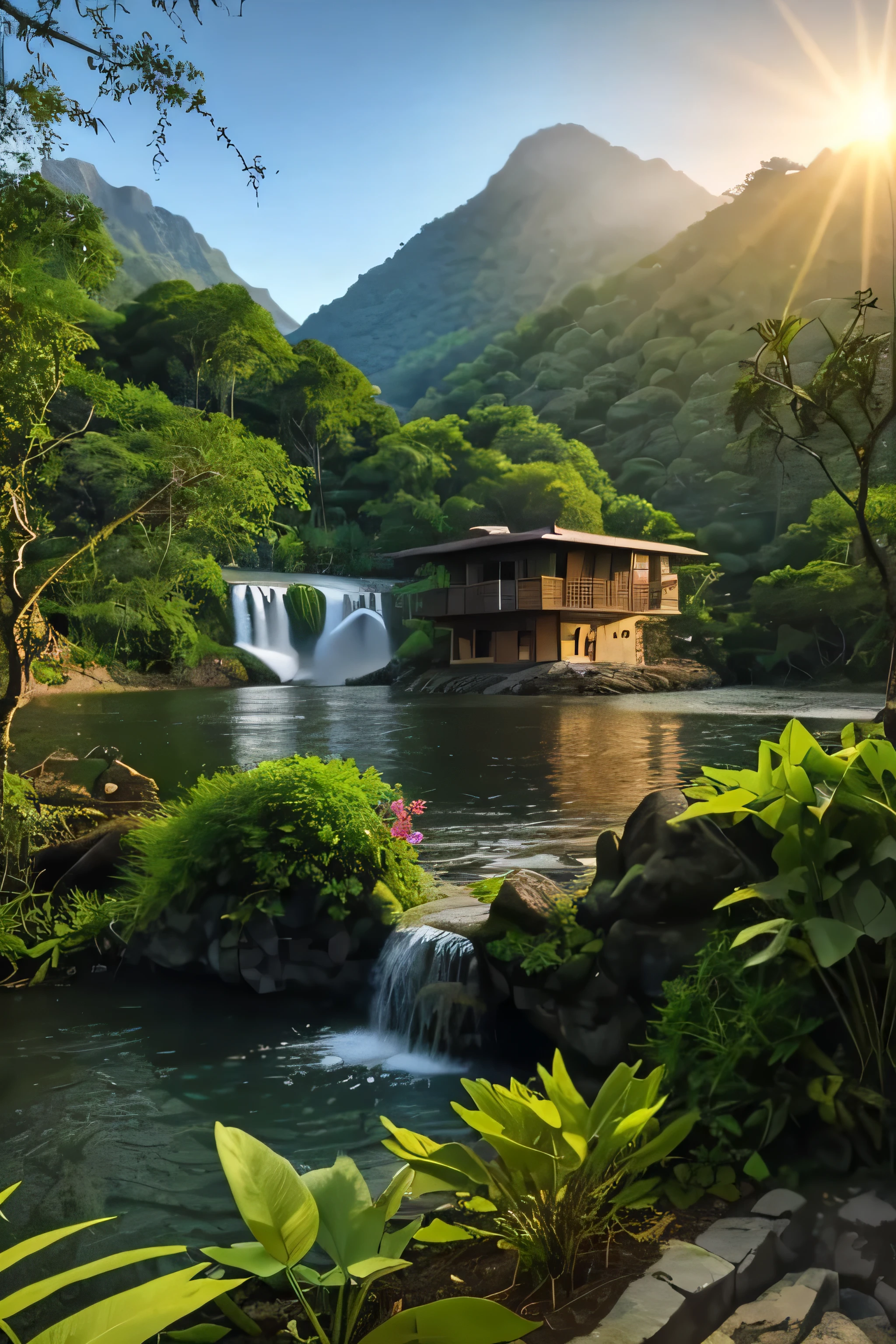 Haus im Dschungel vor dem See und Wasserfall in der Nähe von Bergen mit Sonnenuntergang und Blumen