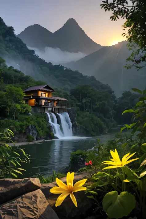 House in the jungle in front of the lake and waterfall nearby mountain with sun set and flowers