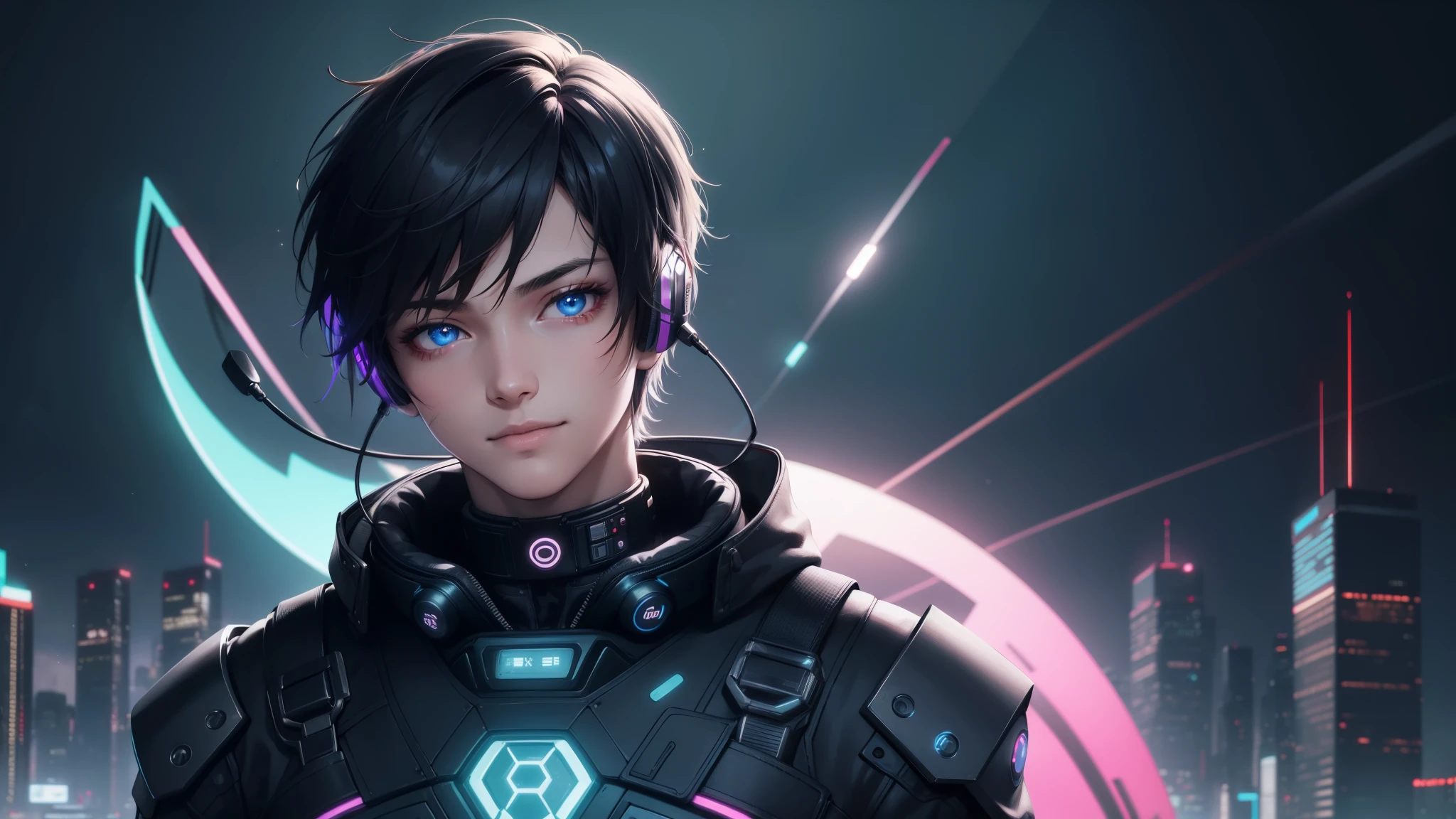 1boy, (extremely beautiful), solo, male focus, cyberpunk, neon lights, vibrant colors, headphones, Cyberpunk, neon, masterpiece, best quality, ultra-detailed, cyberpunk background, detail, in the starry night, moon, explosive and clear eyes, glowing eyes, beautiful details in the wind, little smile. thinking and watching the moon