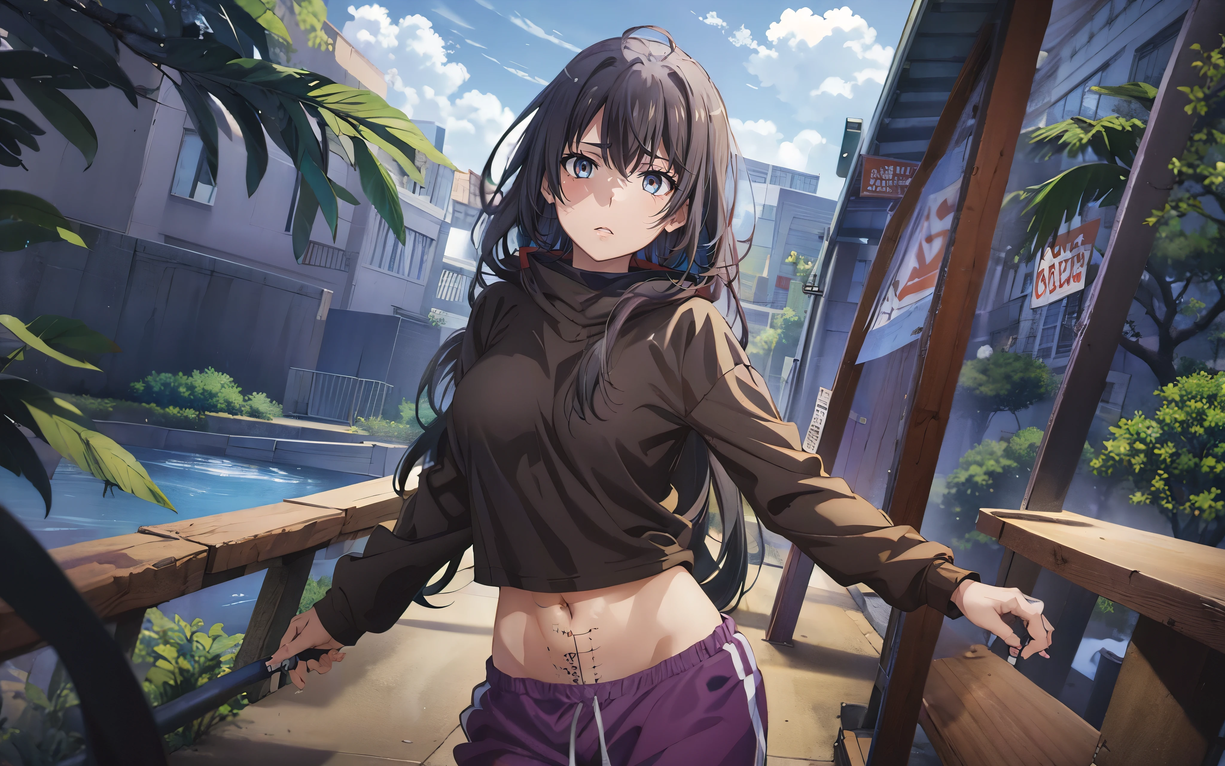 Anime girl standing on a bridge with her arms outstretched - SeaArt AI