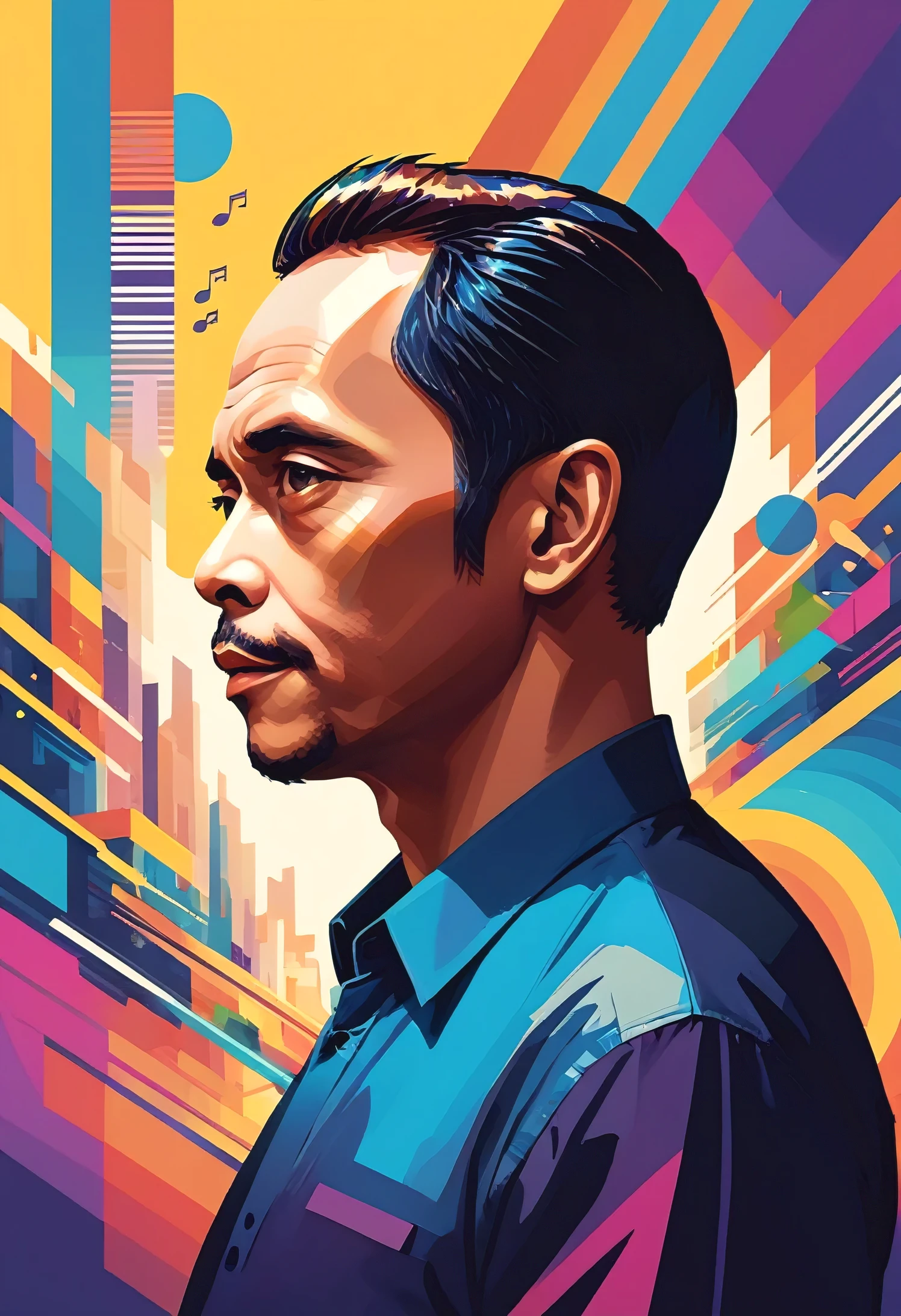 cartaz conceitual de um homem de 45 anos na Indonésia, um retrato de meio corpo em notas musicais, arte digital de Tom Whalen, linhas em negrito, vibrante, cores saturadas, WPAP,fato detalhado,Paletas de cores vibrantes