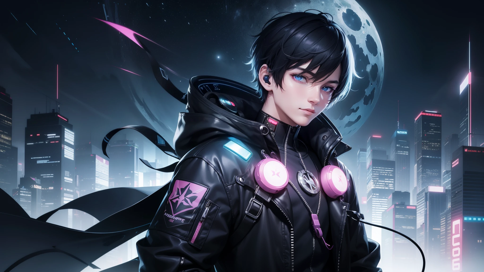 1boy, (extremely beautiful), solo, male focus, cyberpunk, neon lights, vibrant colors, headphones, Cyberpunk, neon, masterpiece, best quality, ultra-detailed, cyberpunk background, detail, in the starry night, moon, explosive and clear eyes, glowing eyes, beautiful details in the wind, little smile. thinking and watching the moon, full body.