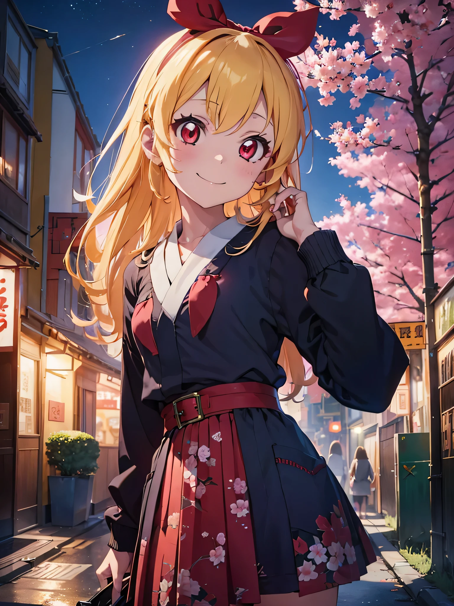 absurdres, absolutely resolution, incredibly absurdres, highres, ultra detailed, official art, unity 8k wallpaper,
BREAK
1 girl, soro, long hair, blonde hair, bow, kimono blazer:1.6, kimono skirt, over black legwear,, doyagao, smile, red eyes, kimono:1.6, cherry blossom print,
BREAK
holding weapon, holding katana, (katana:1.2), fighting stance, cowboy shot,
BREAK
(cyberpunk:1.1), cyber city, neon city, cyber street, japanese night, cherry blossoms, sakura fubuki, Ichigo Hoshimiya (Aikatsu!)