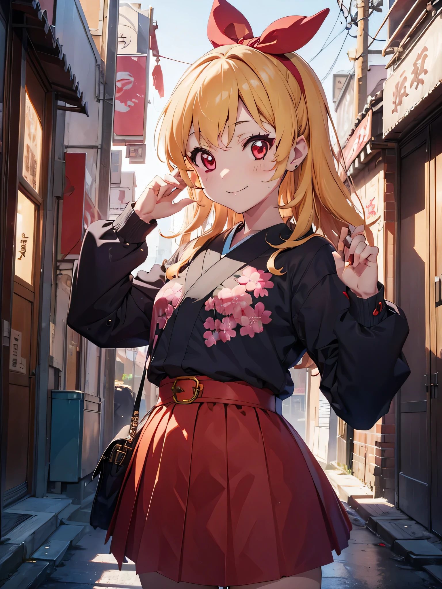 absurdres, absolutely resolution, incredibly absurdres, highres, ultra detailed, official art, unity 8k wallpaper,
BREAK
1 girl, soro, long hair, blonde hair, bow, kimono blazer:1.6, kimono skirt, over black legwear,, doyagao, smile, red eyes, kimono:1.6, cherry blossom print,
BREAK
holding weapon, holding katana, (katana:1.2), fighting stance, cowboy shot,
BREAK
(cyberpunk:1.1), cyber city, neon city, cyber street, japanese night, cherry blossoms, sakura fubuki, Ichigo Hoshimiya (Aikatsu!)