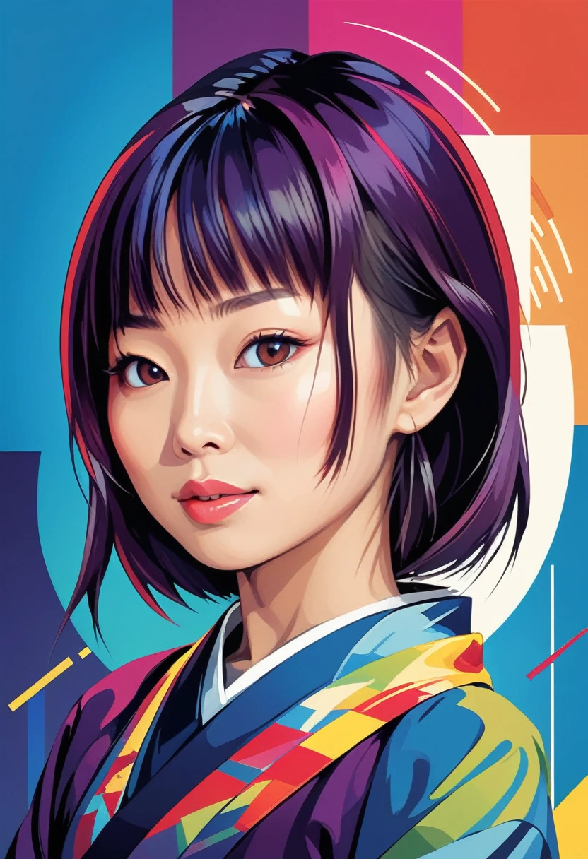 concept poster a Japanese woman , a half body portrait at musical notes, digital artwork by tom whalen, bold lines, vibrant, saturated colors, wpap, WPAP style,detailed fac,Vibrant colors palettes