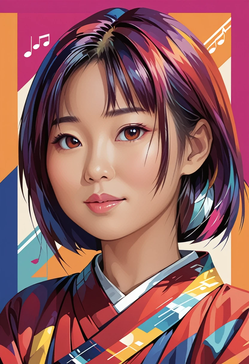 concept poster a Japanese woman , a half body portrait at musical notes, digital artwork by tom whalen, bold lines, vibrant, saturated colors, wpap, WPAP style,detailed fac,Vibrant colors palettes