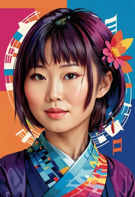 concept poster a Japanese woman , a half body portrait at musical notes, digital artwork by tom whalen, bold lines, vibrant, sat...