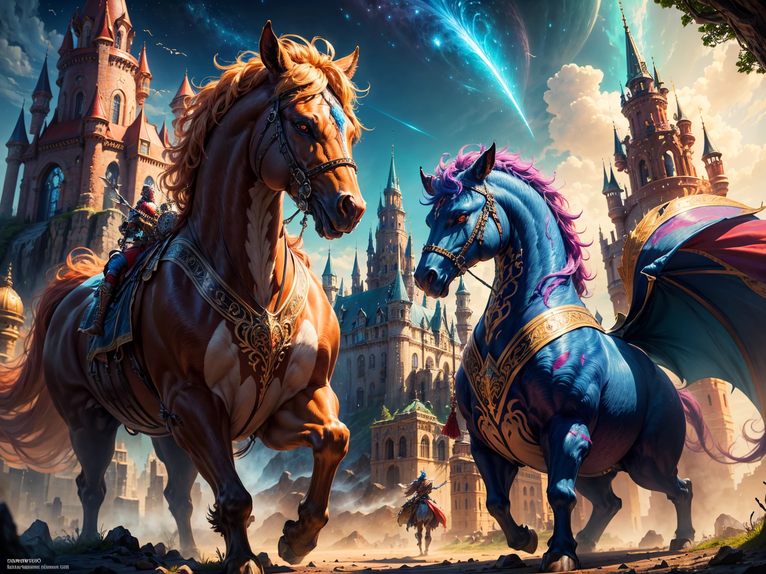 best quality,4k,8k,highres,masterpiece:1.2,ultra-detailed,realistic,photorealistic:1.37,epic fantasy scenes,brave warriors,mythical creatures,majestic castles,spectacular landscapes,imagination,world of fantasy,adventure,universe of magic,fantastic worlds,detailed characters,strong warriors,majestic creatures,magical beings,impressive castles,breathtaking landscapes,fantasy art,imagination,mythical creatures,detailed armor and weapons,ornate castles,towering mountains,mysterious forests,enchanted landscapes,vivid colors,rich color palette,dramatic lighting,ambient light,magical atmosphere,awe-inspiring landscapes,emotive characters,heroic poses,action-packed scenes,epic battle scenes,beyond human imagination,unexplored realms,unprecedented detail,fantastic realms, colorido, hermosos colores ,HD.