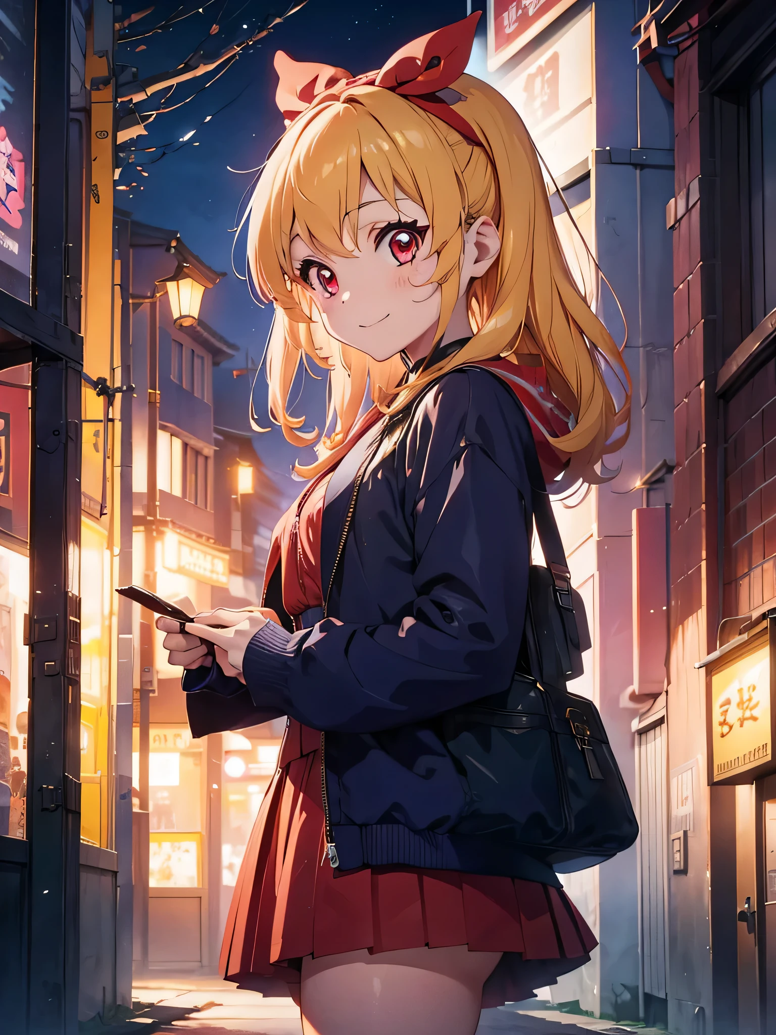 absurdres, absolutely resolution, incredibly absurdres, highres, ultra detailed, official art, unity 8k wallpaper,
BREAK
1 girl, soro, long hair, blonde hair, bow,Blue kimono blazer:1.6, kimono skirt, over black legwear,, doyagao, smile, red eyes, Blue kimono:1.6, cherry blossom print,
BREAK
, cowboy shot,
BREAK
(cyberpunk:1.1), cyber city, neon city, cyber street, japanese night, cherry blossoms, sakura fubuki, Ichigo Hoshimiya (Aikatsu!)