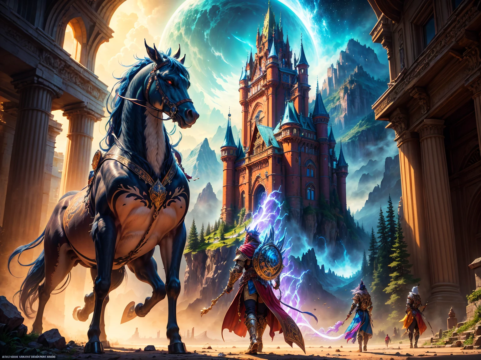 best quality,4k,8k,highres,masterpiece:1.2,ultra-detailed,realistic,photorealistic:1.37,epic fantasy scenes,brave warriors,mythical creatures,majestic castles,spectacular landscapes,imagination,world of fantasy,adventure,universe of magic,fantastic worlds,detailed characters,strong warriors,majestic creatures,magical beings,impressive castles,breathtaking landscapes,fantasy art,imagination,mythical creatures,detailed armor and weapons,ornate castles,towering mountains,mysterious forests,enchanted landscapes,vivid colors,rich color palette,dramatic lighting,ambient light,magical atmosphere,awe-inspiring landscapes,emotive characters,heroic poses,action-packed scenes,epic battle scenes,beyond human imagination,unexplored realms,unprecedented detail,fantastic realms, colorido, hermosos colores ,HD.
