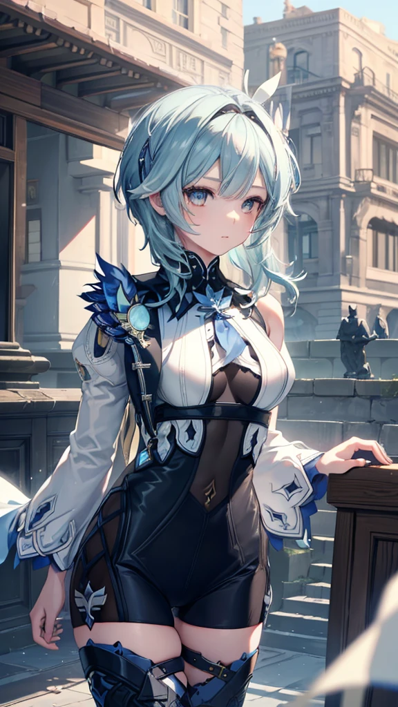 (photorealistic:1.4), (masterpiece, sidelighting, finely detailed beautiful eyes: 1.2), masterpiece*portrait, realistic, 3d face, eula \(genshin impact\), 1girl, ahoge, architecture, By bangs，Bare shoulders，Bell，black glove，（Black tights，light blue hair，Hair pin），Blushlush，Beautiful breasts，Chinese knot，the sleeve，flower knot，middle light blue hair，Look at the audience，middlebreast，Neckbells