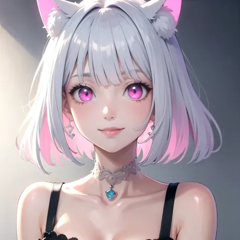 ((best quality)), ((masterpiece)), (detailed), perfect face. White hair. Short hair. Inner pink. Anime girl. Pink eyes. Glowing ...