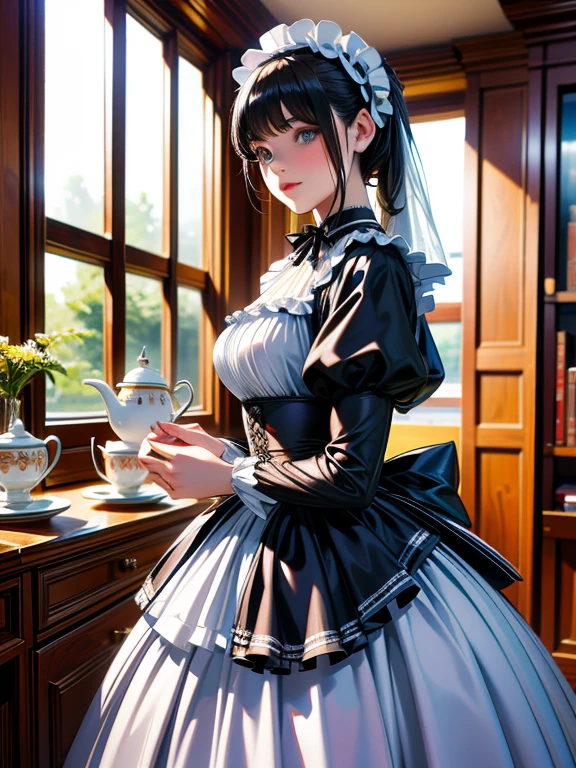 highest quality, masterpiece, Symmetrical and highly detailed eyes, girl, Highly detailed background, tendency (Art Station:1.46), Surreal, Cinema Lighting, Studio Quality, 8k resolution, masterpiece, A scene from a tea  with gothic lolita cosplayers、Gothic Lolita costume girls in the background、Everyone is showing off their cosplay in their own way.、An elegant white dress with a black base and a chest-hiding design、Highly detailed frills、Bonnet on vertical roll、Skirt inflated with panniers、gothic lolita style、Lolita girl in white elegance black dress decorated with ruffles、A skirt with a vertical roll pannier、Pixar Style, Tristan Eaton、Stanley Artgarm、Tom Bagshaw