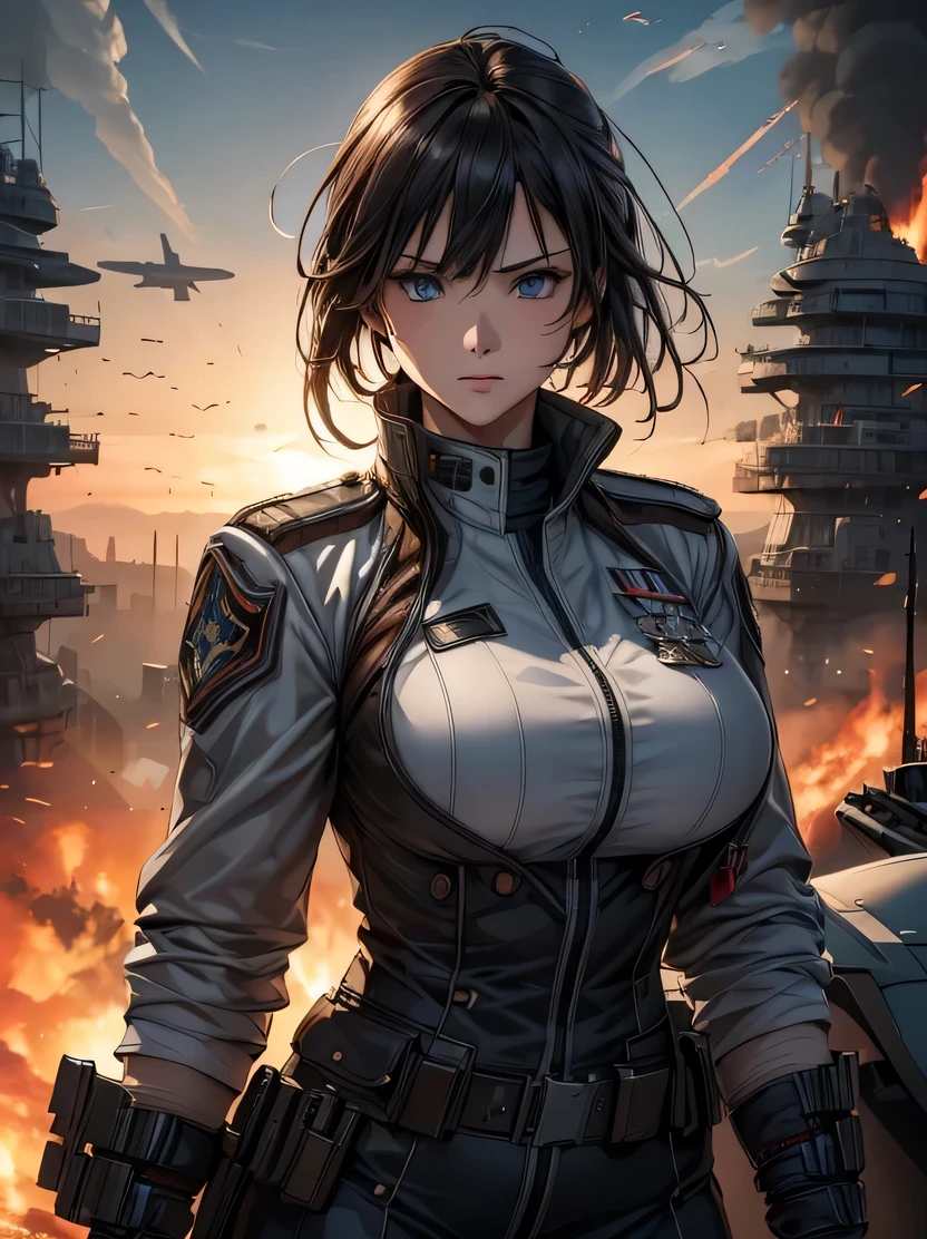 ((masterpiece、highest quality、Genuine、Very detailed、High resolution、Sharp focus、Photorealistic、Movie-like lighting))、Natural and realistic colors、((1 girl、Bust Shot))、Official Art、ＳＦmovie、Adult female, Age 25、blue eyes、Black bob short hair、Air Force uniform、Non-commissioned officer uniform、Combat air force jacket、Serious face、Sharp eyes、Realistic Face、The background is a battlefield、Burning Future Air Base、Spaceship in the sky、Dynamic Action、View your viewers、Detailed hand drawing