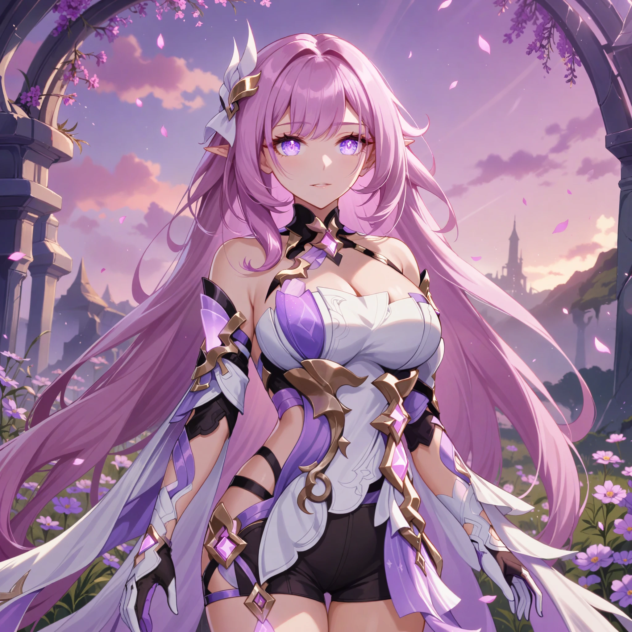 Masterpiece,very aesthetic,1girl,elysia \(herrscher of human:ego\) \(honkai impact\),pink hair,purple eyes,pointed ears,white clothes,highly detailed,digital painting,elysian realm,illustrated by Ayami Kojima and Karol Bak and criin,glowing pink petals,anime fantasy background,intricate,white top,white gloves,narrow_waist,iridescent light, large breasts, black short shorts,official honkai imapct 3 cg,pink sky,field of wildflowers