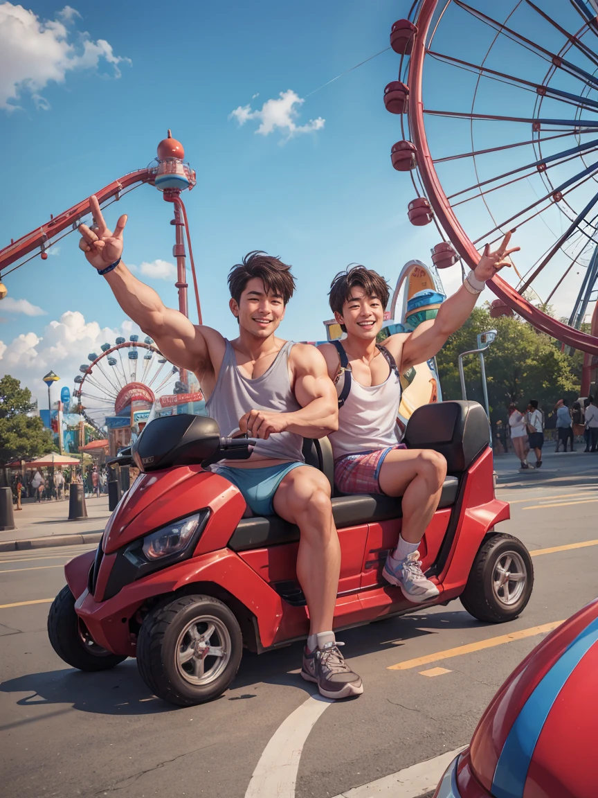 韓国人, 下着,筋肉質な体,笑顔,遊園地のジェットコースターに乗る.