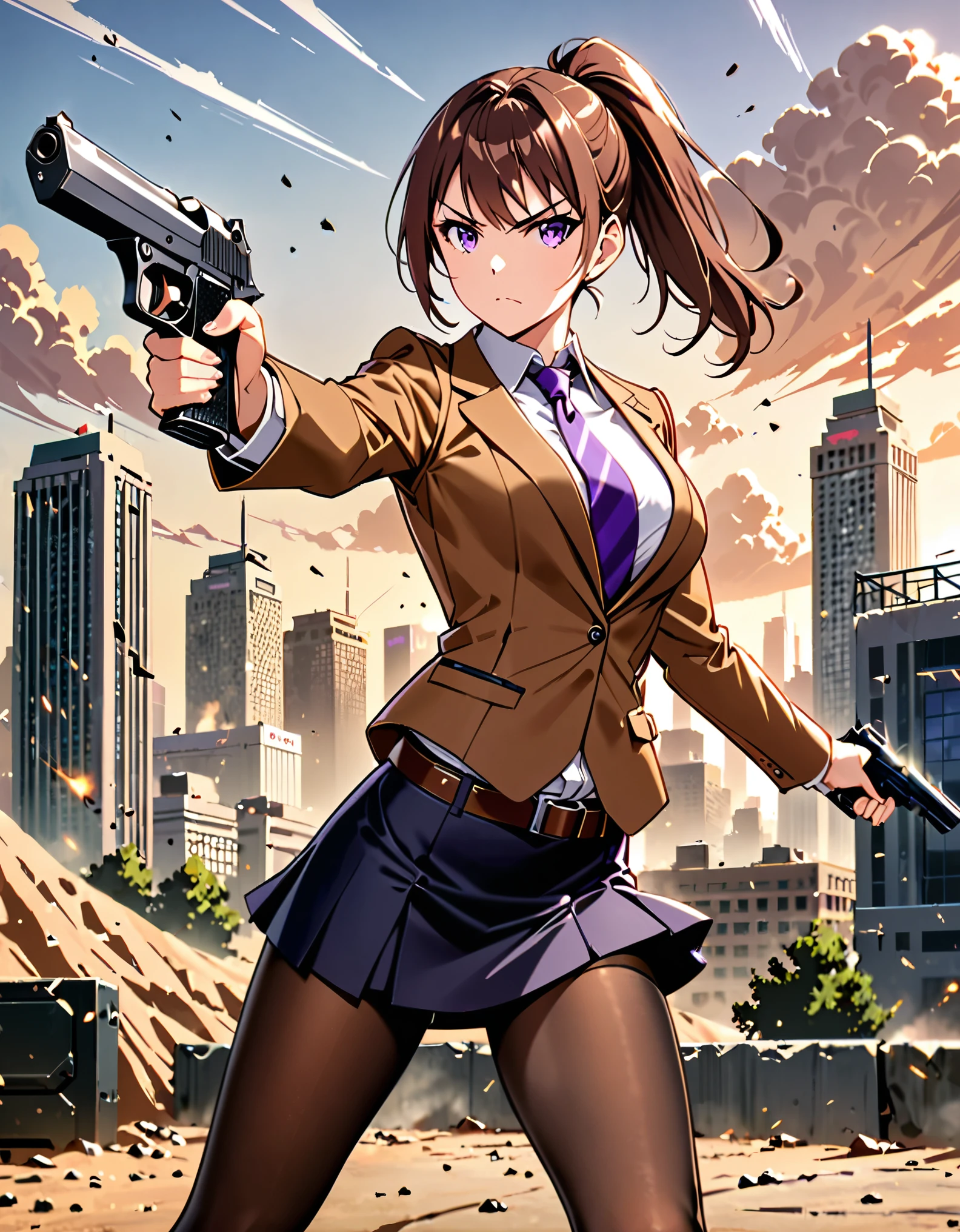 masterpiece, best quality, highres, 1girl, aiming and firing pistol, brown_hair, short hair, ponytail, finger_on_trigger, gun, large-caliber handgun, desert eagle, holding, holding_gun, holding_weapon, holster, open suit jacket, white shirt, miniskirt, (pantyhose), pencil_skirt, skirt, solo, trigger_discipline, weapon, purple eyes, dynamic action stance, grim expression, city backdrop, boots, full body character design, brown suit and tie, necktie, belt, cowboy shot